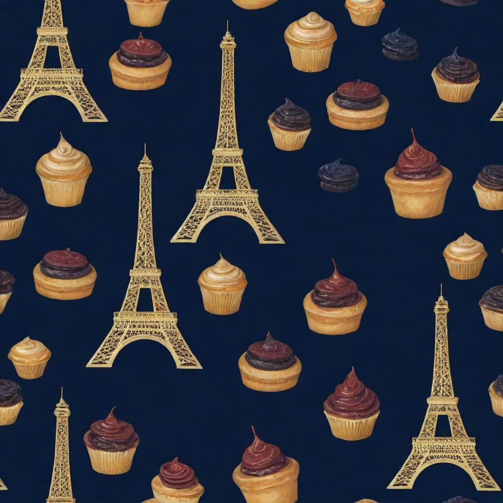 A golden silhouette of the sophisticated Eiffel Tower, surrounded by a swirl of delectable pastries, emplaced on a lush background of deep navy blue or rich burgundy, reflecting luxury.