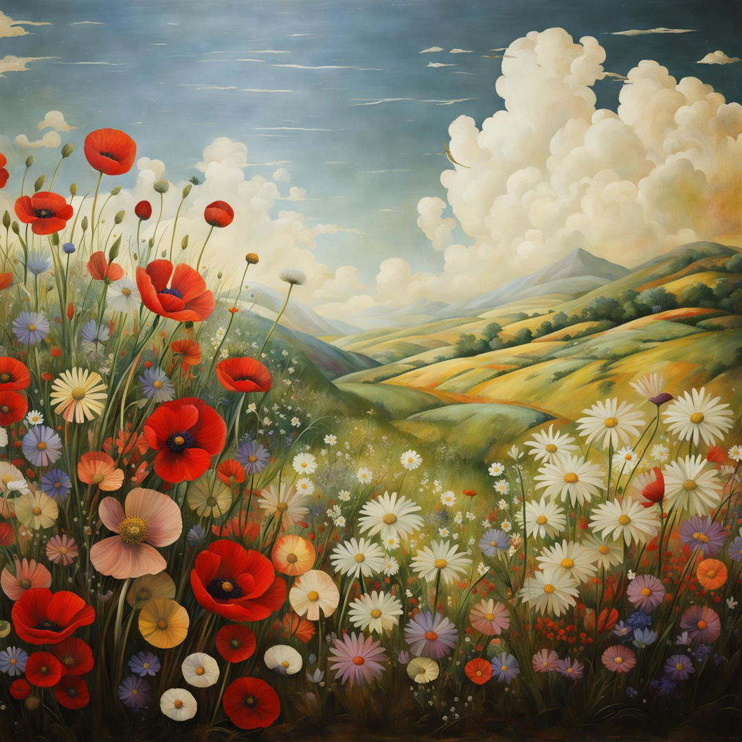 A fresco painting of a vibrant field of wildflowers in various colors under a soft blue sky.