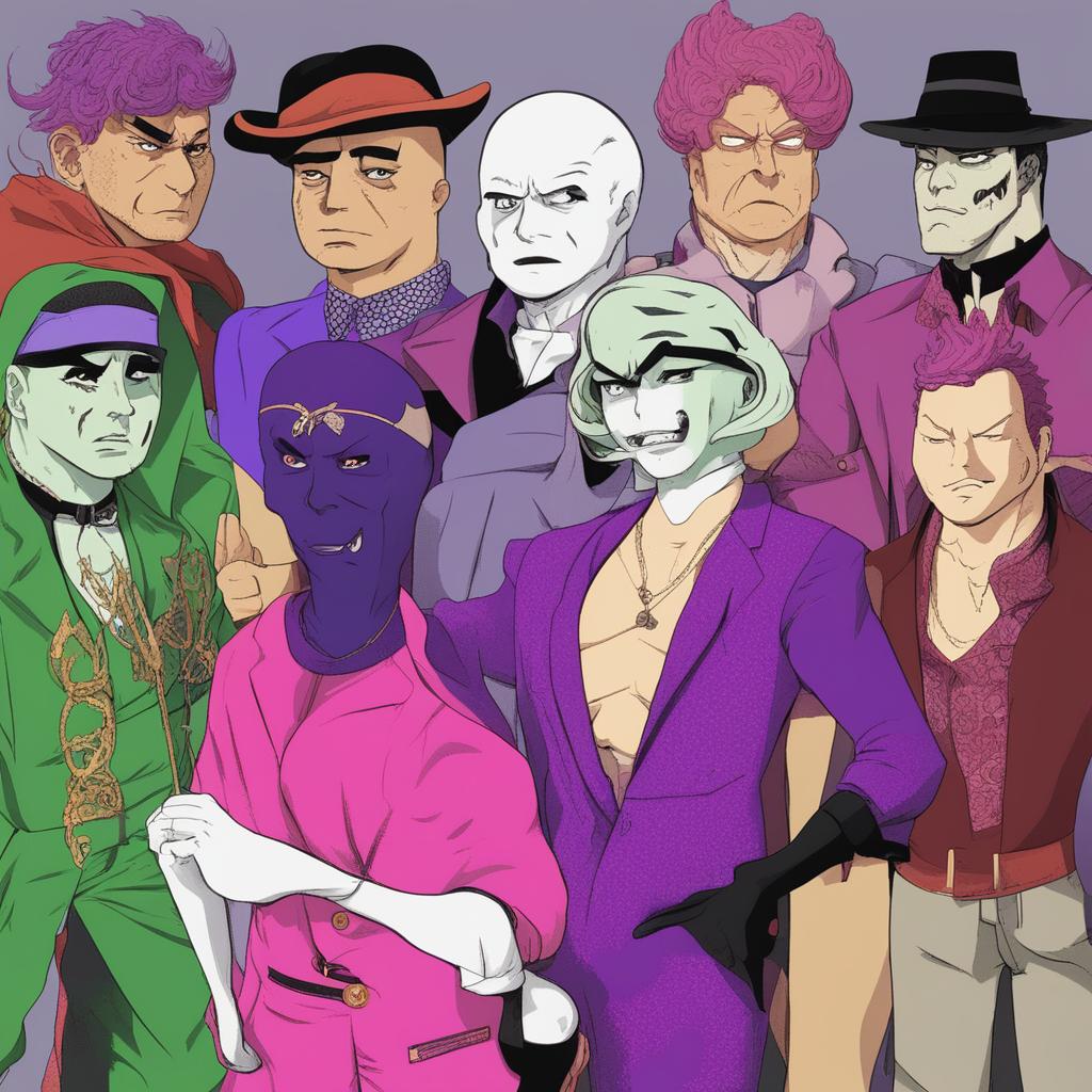 A high-quality digital art image depicting a fusion of characters from 'JoJo's Bizarre Adventure' and the meme character, Wojak