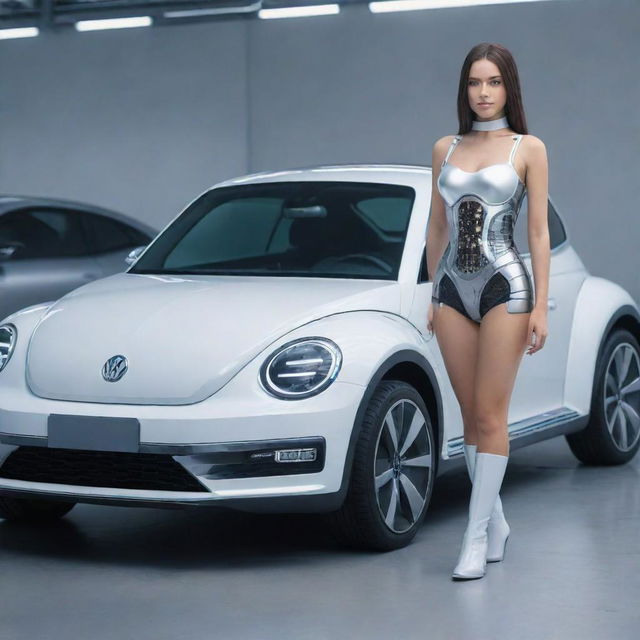 A beautiful, young cyborg girl standing next to a futuristic concept Volkswagen Beetle, both showcasing high-tech details