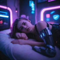 A beautiful, young cyborg girl lying on a bed in a cyberpunk-themed room, bathed in soft neon lights