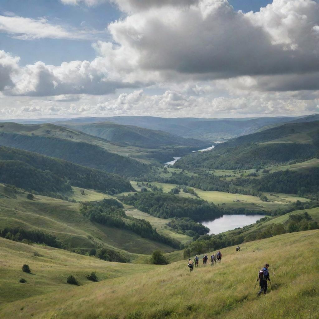 Several people exploring a vast, diverse landscape with rolling hills, lush forests, and flowing rivers under a vast, cloud-filled sky.