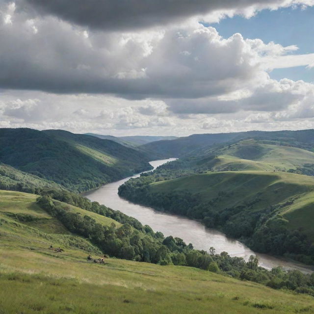 Several people exploring a vast, diverse landscape with rolling hills, lush forests, and flowing rivers under a vast, cloud-filled sky.