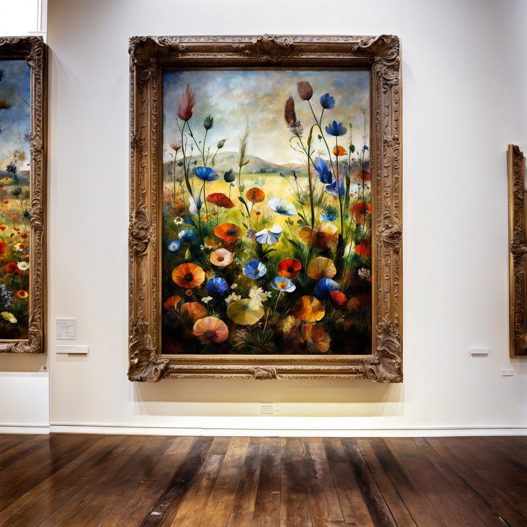 A fresco painting of a vibrant field of wildflowers presented as a grand exhibit in a museum art gallery.