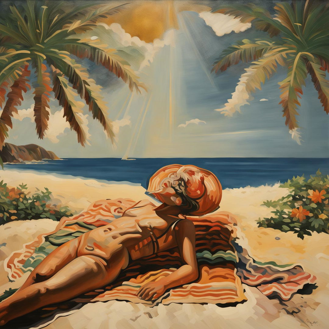 Fresco-style beach scene with a figure tanning under a straw hat.