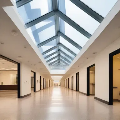 The architect incorporated a beautiful rete of glass skylights to allow natural light to permeate the entire building.