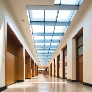 The architect incorporated a beautiful rete of glass skylights to allow natural light to permeate the entire building.