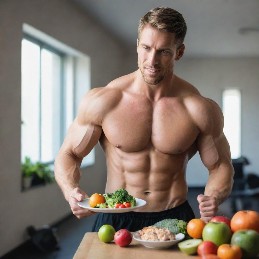 A fit man engaging in a workout routine, lifting weights and performing exercises, and eating a plate full of healthy fruits, vegetables, and lean proteins.