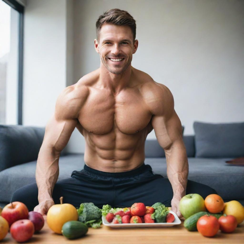 A fit man engaging in a workout routine, lifting weights and performing exercises, and eating a plate full of healthy fruits, vegetables, and lean proteins.