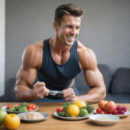 A fit man engaging in a workout routine, lifting weights and performing exercises, and eating a plate full of healthy fruits, vegetables, and lean proteins.