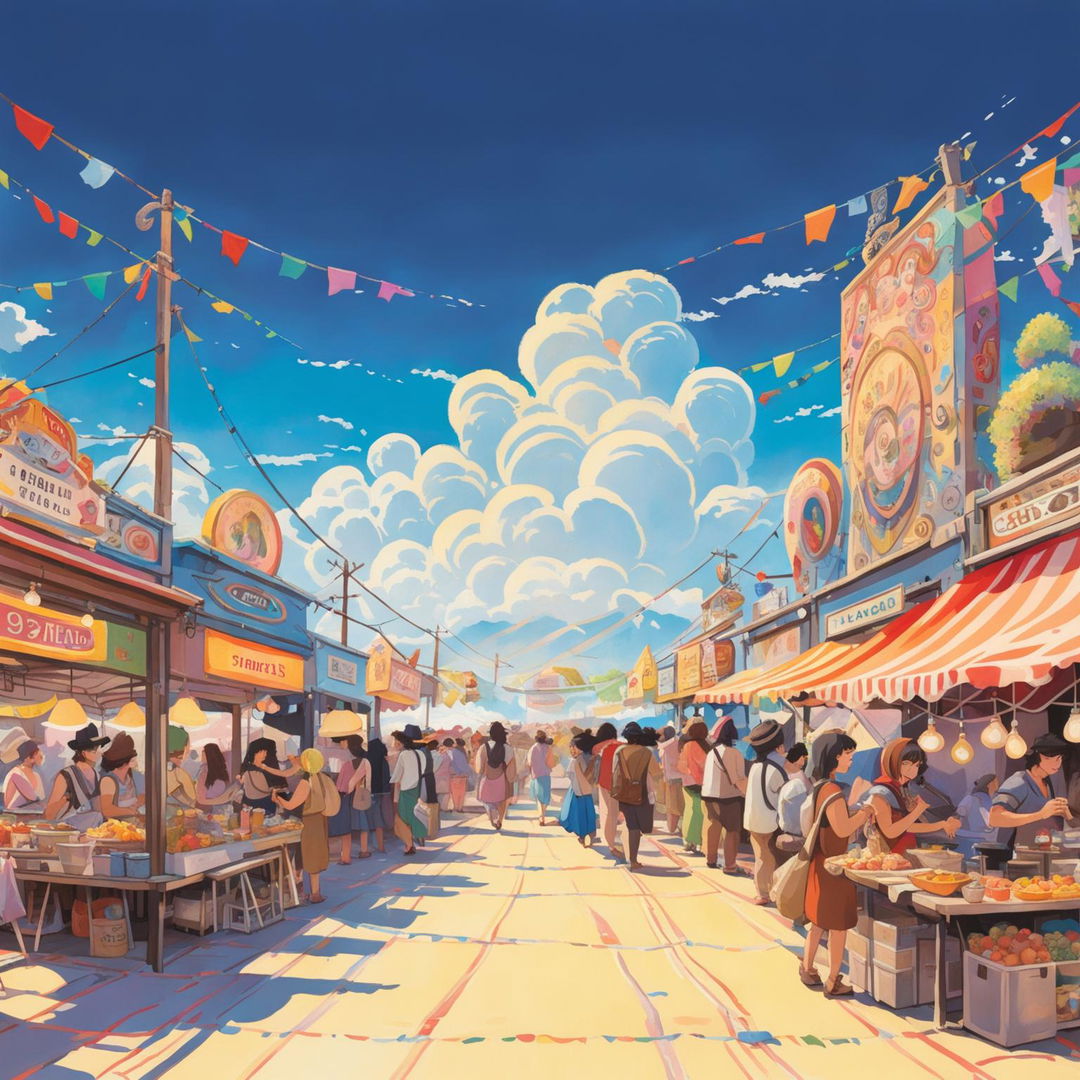 A vibrant Coachella festival scene rendered in Studio Ghibli's distinctive anime style, filled with lively characters, a grand stage with a performing band, various stalls, and a beautiful desert landscape under a sunset sky.