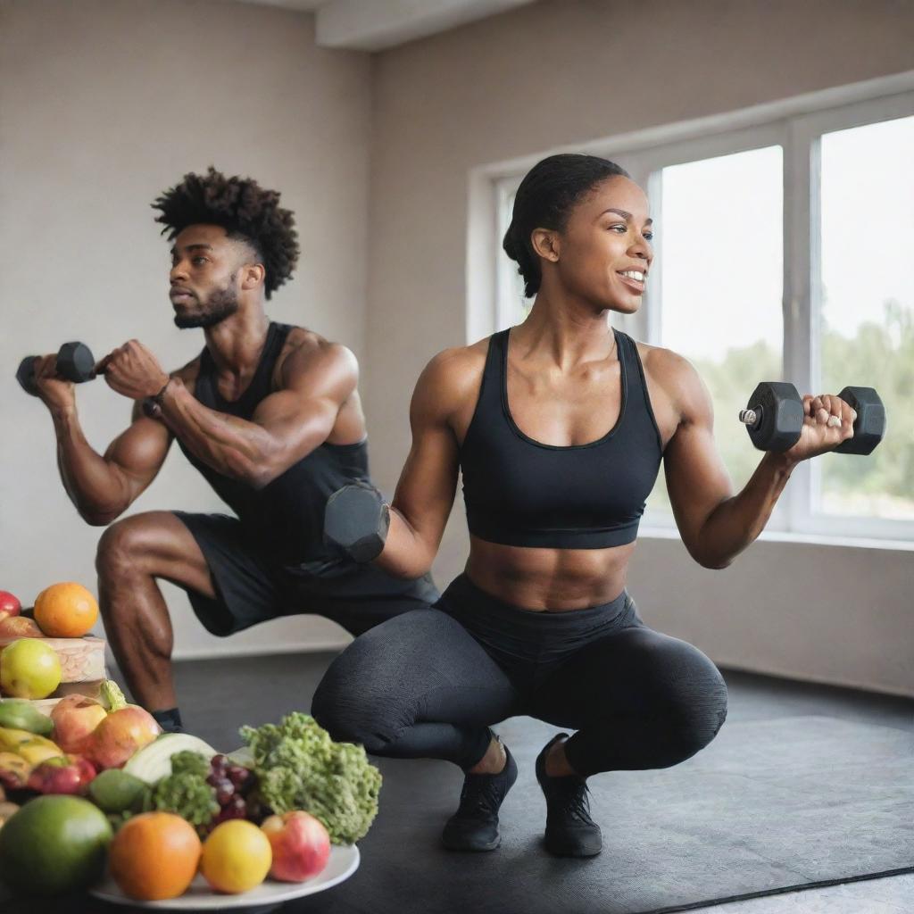 A fit black man and woman engaging in a workout routine, lifting weights, doing exercises, and enjoying a meal composed of fresh fruits, vegetables, and lean proteins.