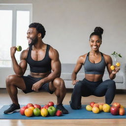 A fit black man and woman engaging in a workout routine, lifting weights, doing exercises, and enjoying a meal composed of fresh fruits, vegetables, and lean proteins.