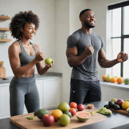 A fit black man and woman engaging in a workout routine, lifting weights, doing exercises, and enjoying a meal composed of fresh fruits, vegetables, and lean proteins.