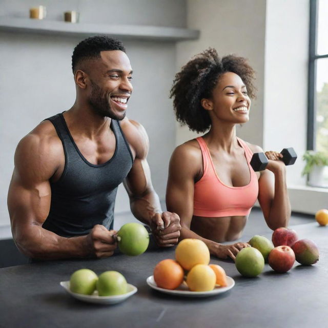 A fit black man and woman engaging in a workout routine, lifting weights, doing exercises, and enjoying a meal composed of fresh fruits, vegetables, and lean proteins.