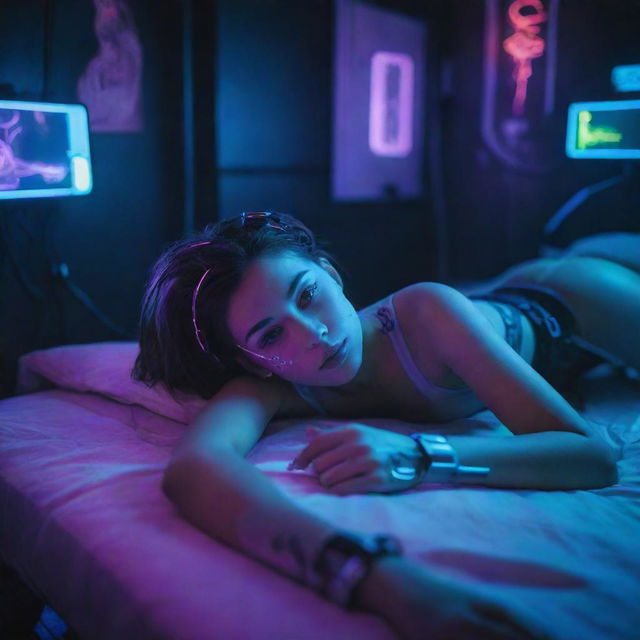 A beautiful, young cyborg girl lies on a bed in a neon-lit, cyberpunk-themed room