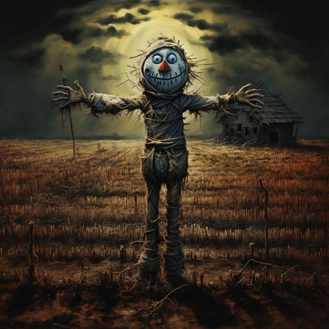 A traditional straw-stuffed scarecrow on wooden stakes in a barren field, with a derelict barn in the background, all rendered in Tim Burton's distinctive style.