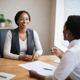 A professional black nutritionist engaged in a conversation, giving diet advice to a black client, both seated in a warm, friendly office setting