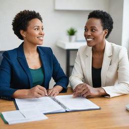 A professional black nutritionist engaged in a conversation, giving diet advice to a black client, both seated in a warm, friendly office setting