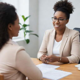 A professional black nutritionist engaged in a conversation, giving diet advice to a black client, both seated in a warm, friendly office setting