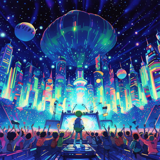 An ultra-modern rave concert, filled with vibrant lights, smoke machines, and glowsticks, rendered in Studio Ghibli's distinctive anime style. Characters are dressed in modern rave fashion amidst a futuristic cityscape under a starlit sky.