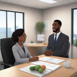 An animated style scenery featuring a black nutritionist, with professional attire and friendly demeanor, giving diet advice to a black client, both seated in an inviting, cartoon-inspired office setting