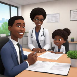 An animated style scenery featuring a black nutritionist, with professional attire and friendly demeanor, giving diet advice to a black client, both seated in an inviting, cartoon-inspired office setting