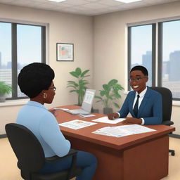 An animated style scenery featuring a black nutritionist, with professional attire and friendly demeanor, giving diet advice to a black client, both seated in an inviting, cartoon-inspired office setting