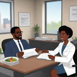 An animated style scenery featuring a black nutritionist, with professional attire and friendly demeanor, giving diet advice to a black client, both seated in an inviting, cartoon-inspired office setting