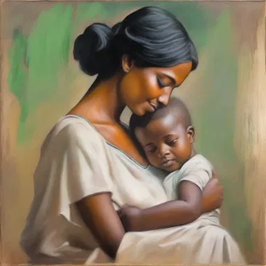 In this beautiful painting, the artist captured a tender embracement between a mother and her child.