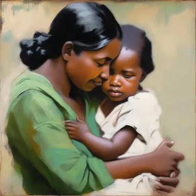 In this beautiful painting, the artist captured a tender embracement between a mother and her child.