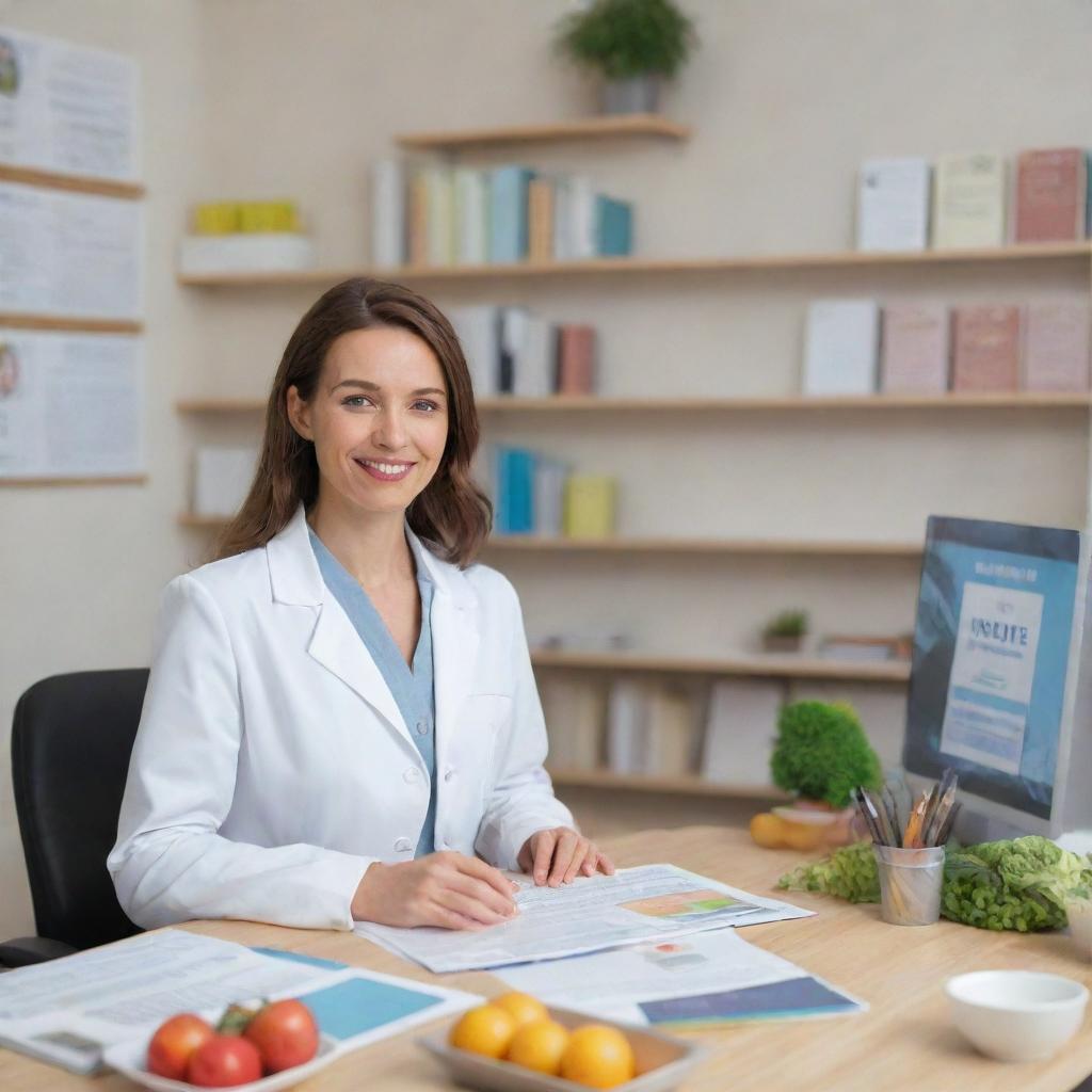 An animated scene of a nutritionist, professionally dressed, providing diet advice to a client in a friendly and inviting office setting, with health related posters and books on the shelves