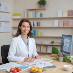 An animated scene of a nutritionist, professionally dressed, providing diet advice to a client in a friendly and inviting office setting, with health related posters and books on the shelves