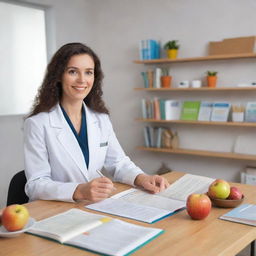 An animated scene of a nutritionist, professionally dressed, providing diet advice to a client in a friendly and inviting office setting, with health related posters and books on the shelves