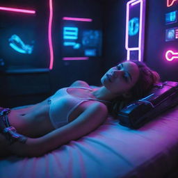 A beautiful, young cyborg girl lying on a bed in a neon-lit, cyberpunk-themed room