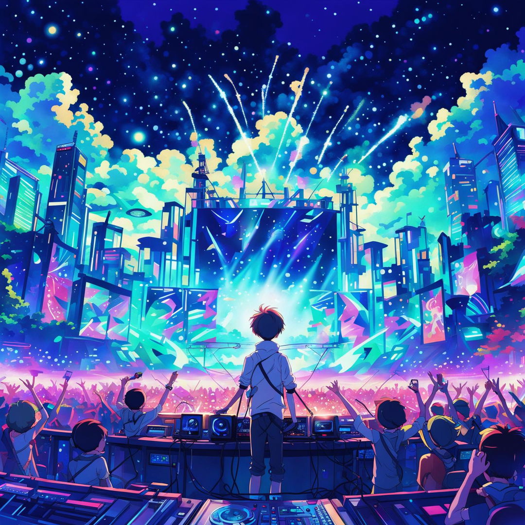 An ultra-modern DJ concert, filled with vibrant lights, smoke machines, and glowsticks, rendered in Studio Ghibli's distinctive anime style. Characters are dressed in Gen Z EDM concert fashion amidst a futuristic cityscape under a starlit sky.