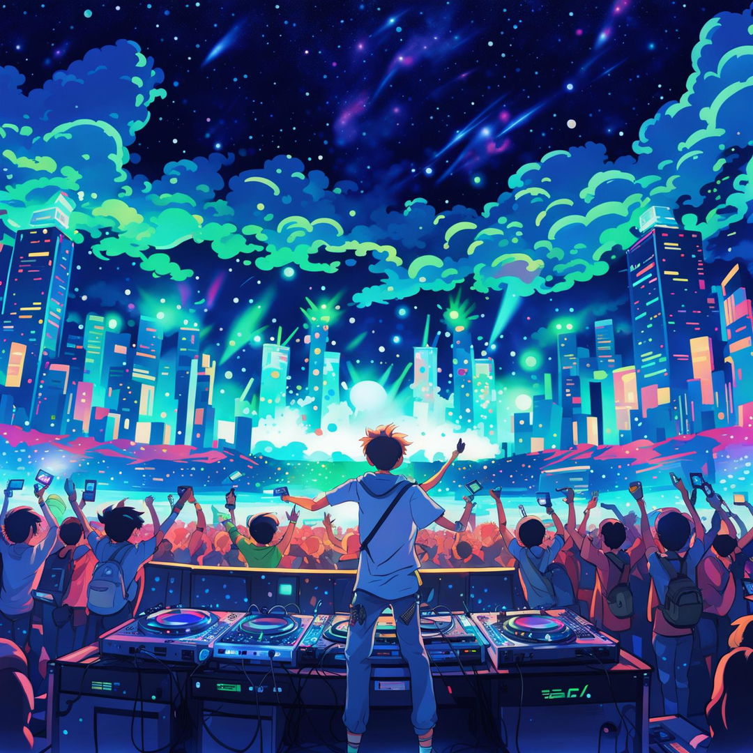 A view from the crowd at an ultra-modern DJ concert, filled with vibrant lights, smoke machines, and glowsticks, rendered in Studio Ghibli's distinctive anime style. Characters are dressed in Gen Z EDM concert fashion amidst a futuristic cityscape under a starlit sky.