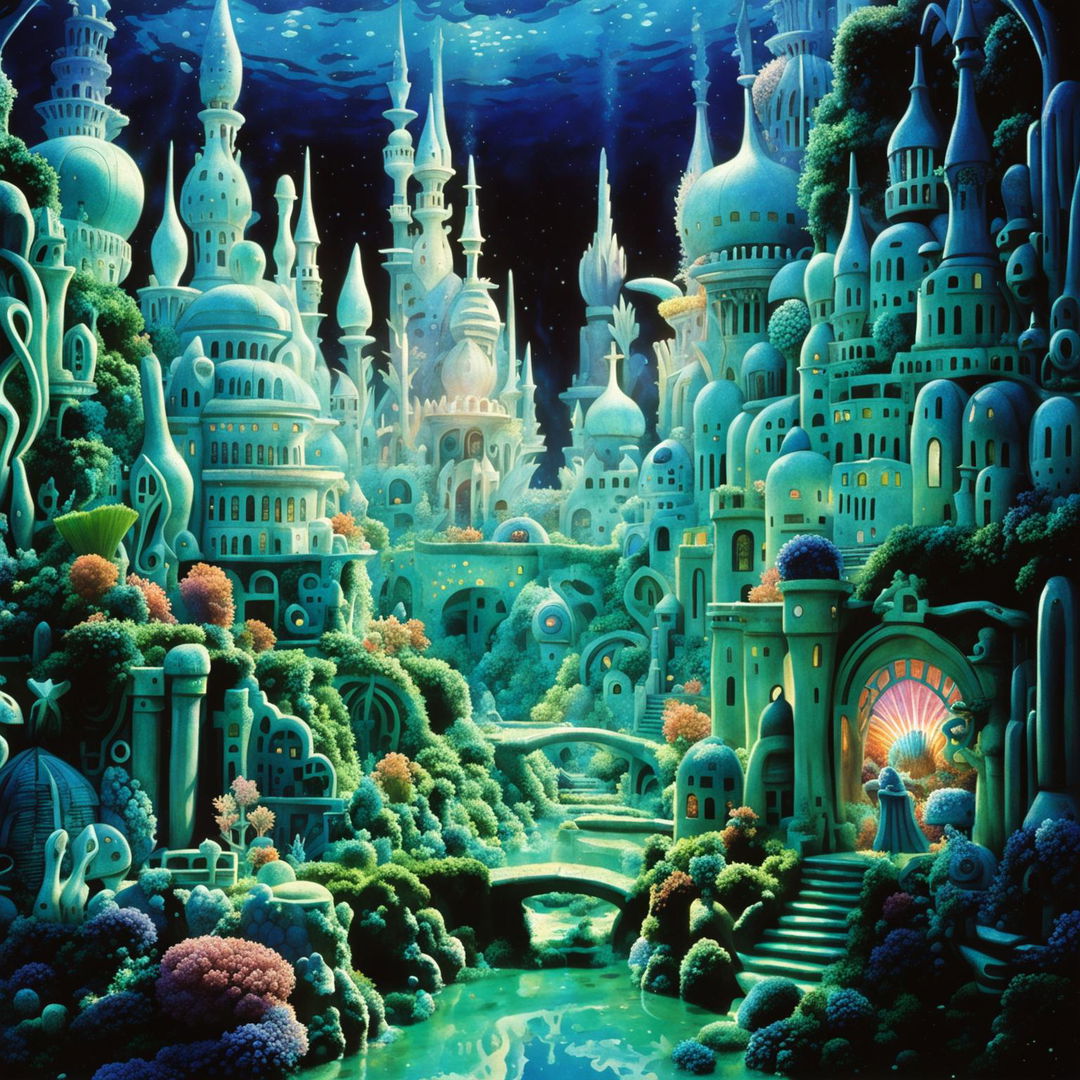 A Studio Ghibli-style depiction of Atlantis as an underwater city with buildings made from seashells and coral reefs, inhabited by diverse humanoid sea creatures.