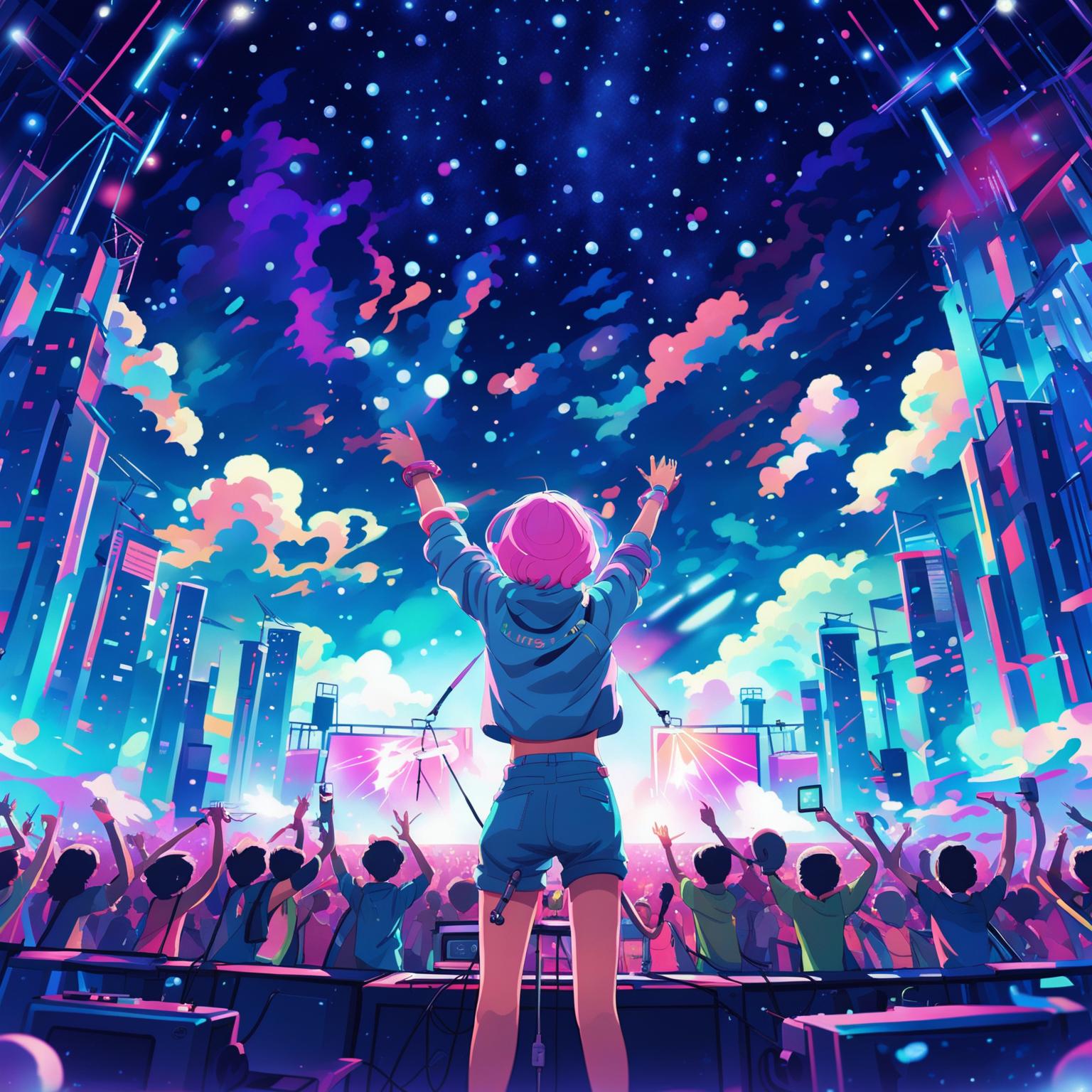 A view from the crowd at an ultra-modern DJ concert, looking at the stage where a pink-haired girl DJ is performing with one arm raised to the crowd. The scene is filled with vibrant lights, smoke machines, and glowstick bracelets, rendered in Studio Ghibli's distinctive anime style. Characters are dressed in Gen Z EDM concert fashion amidst a futuristic cityscape under a starlit sky.