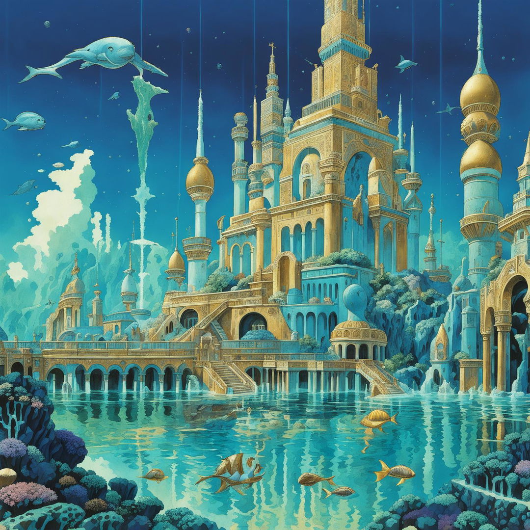 A Studio Ghibli-style Atlantis underwater city with ancient Greek and Persian influenced architecture made of gold, bronze, and copper.