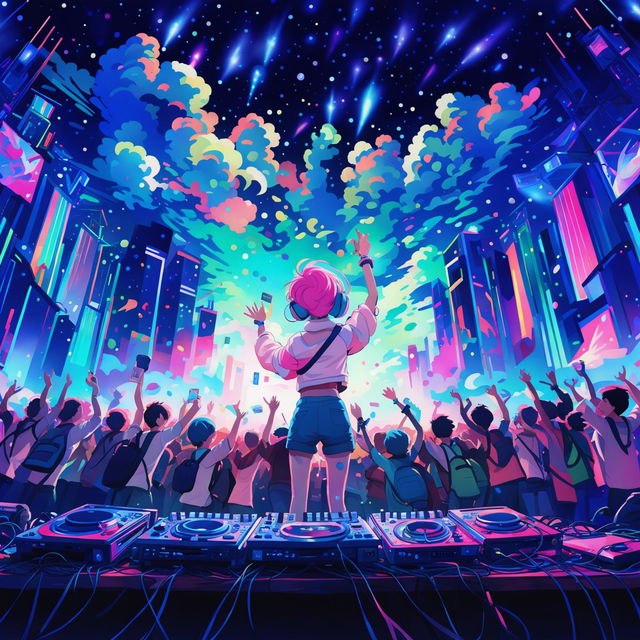 A view from the crowd at an ultra-modern DJ concert, looking at the stage where a pink-haired girl DJ with long hair is performing with one arm raised to the crowd. The elated crowd is dancing and facing her. The scene is filled with vibrant lights, smoke machines, and glowstick bracelets, rendered in Studio Ghibli's distinctive anime style. Characters are dressed in Gen Z EDM concert fashion amidst a futuristic cityscape under a starlit sky.