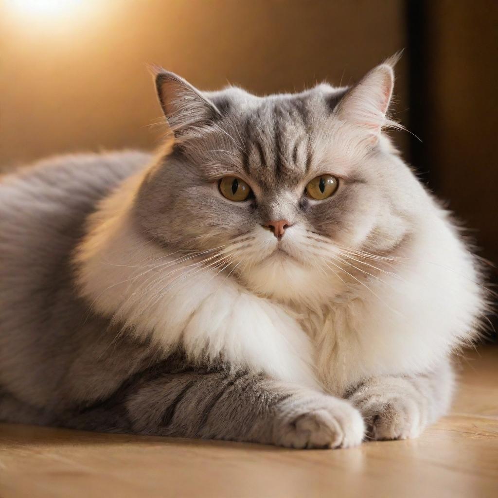 An adorable, plump cat lounging comfortably with its fur soft and shiny under a warm light