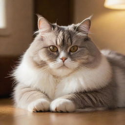 An adorable, plump cat lounging comfortably with its fur soft and shiny under a warm light