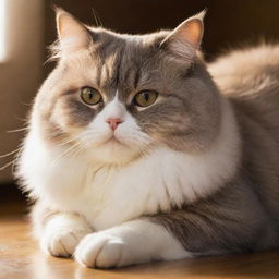 An adorable, plump cat lounging comfortably with its fur soft and shiny under a warm light