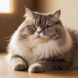 An adorable, plump cat lounging comfortably with its fur soft and shiny under a warm light