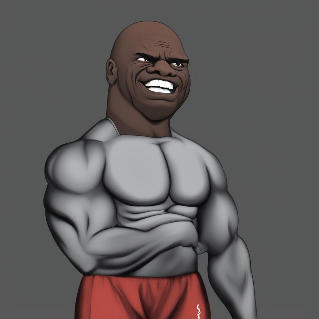 A high-quality digital art image depicting a fusion of Ronnie Coleman and the meme character, Happy Wojak