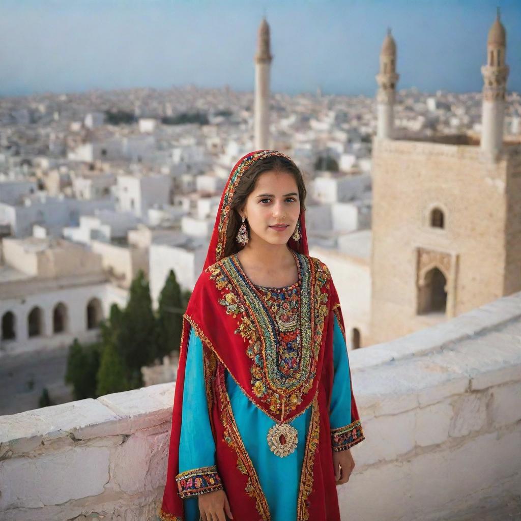 A youthful Tunisian girl, adorned with vibrantly colored traditional garb, standing confidently in front of a historic Tunis cityscape.