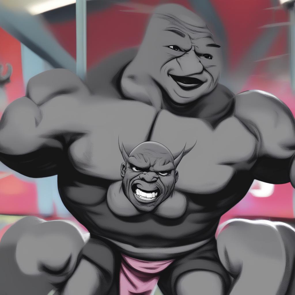 A high-quality digital art image depicting a fusion of Ronnie Coleman and the meme character, Happy Wojak