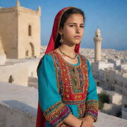 A youthful Tunisian girl, adorned with vibrantly colored traditional garb, standing confidently in front of a historic Tunis cityscape.