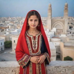 A youthful Tunisian girl, adorned with vibrantly colored traditional garb, standing confidently in front of a historic Tunis cityscape.